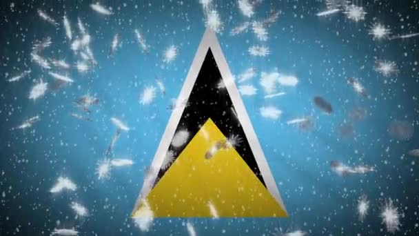 Saint Lucia vlag vallende sneeuw loopable, Nieuwjaar en kerst achtergrond, lus — Stockvideo