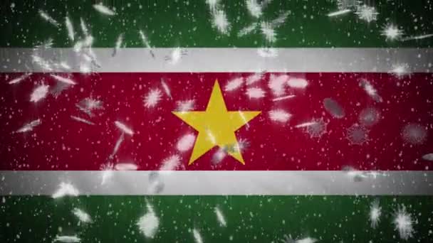 Bandera de Surinam cayendo nieve loopable, Año Nuevo y fondo de Navidad, bucle — Vídeos de Stock