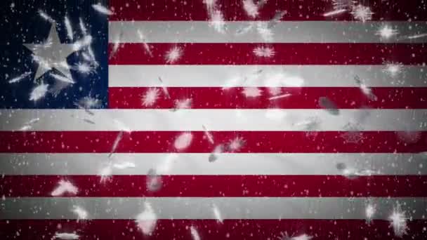 Libéria zászló alá hó hurok, Szilveszter és Karácsony háttér, hurok — Stock videók