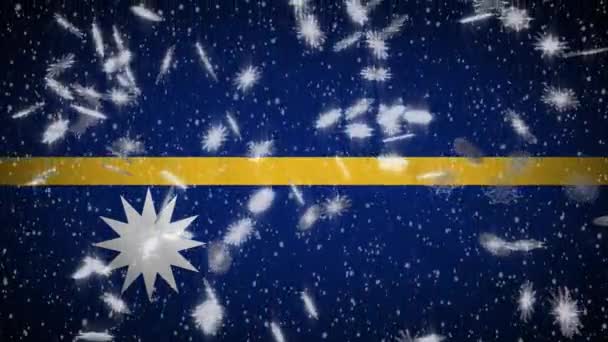 Σημαία Ναούρου πτώση χιόνι loopable, Πρωτοχρονιά και Χριστούγεννα φόντο, βρόχο — Αρχείο Βίντεο