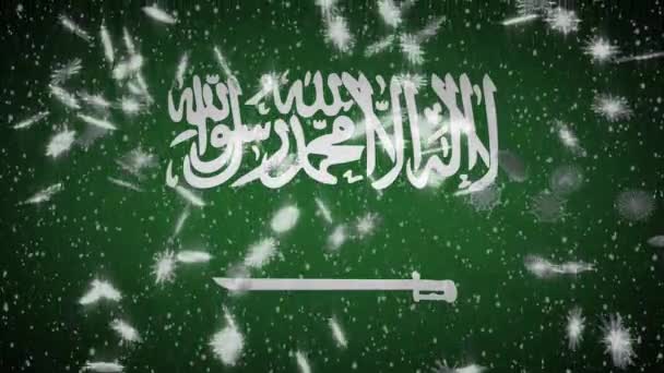 沙特阿拉伯国旗降雪易碎，新年和圣诞节背景，循环 — 图库视频影像