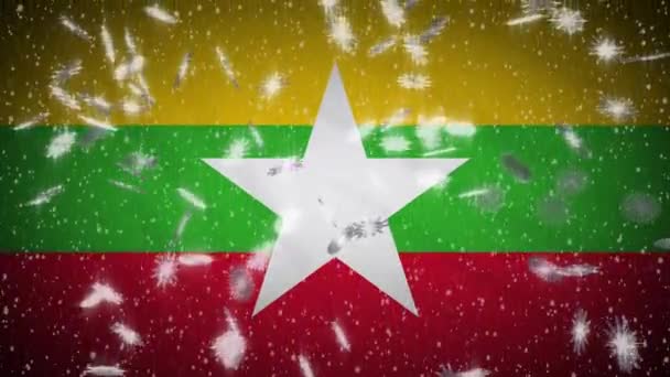 Myanmar bayrağı düşen kar döngüsü, yeni yıl ve Noel arkaplanı, döngü — Stok video