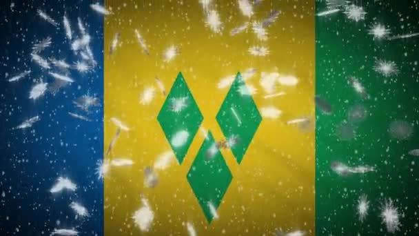 Флаг Сент-Винсента и Гренадин падает снег маячит, Новый год и Рождество фон, loop — стоковое видео