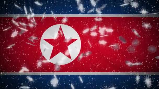 Flaga Korei Północnej spada śnieg pętli, Nowy Rok i Boże Narodzenie tło, pętla — Wideo stockowe