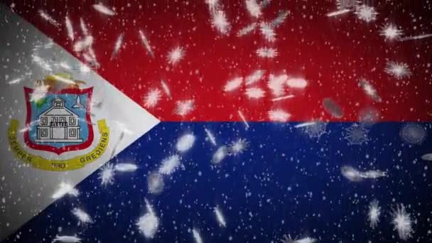 Sint Maarten vlajka padající sníh smyčka, Nový rok a vánoční pozadí, smyčka — Stock video