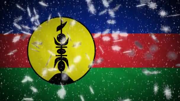 Drapeau de Nouvelle-Calédonie tombant neige bouclable, Nouvel An et fond de Noël, boucle — Video