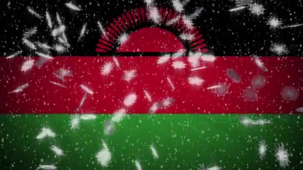 Bandera de Malawi cayendo nieve loopable, Año Nuevo y fondo de Navidad, bucle — Vídeo de stock