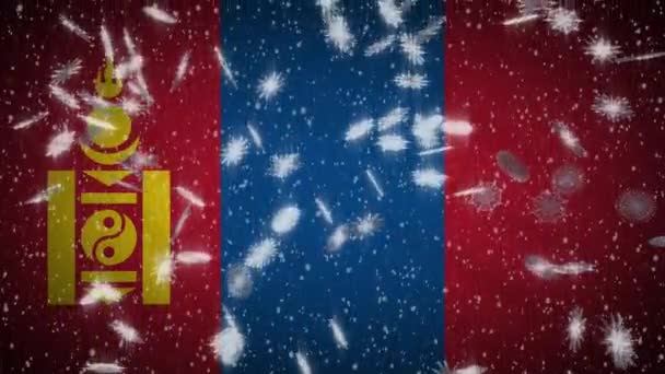 Mongolia flag falling snow loopable, New Year and Christmas background, loop — Stock Video