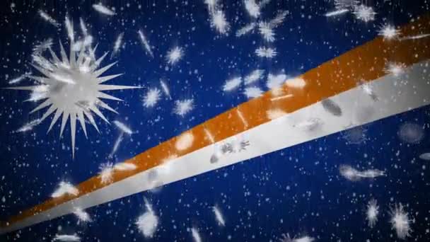 Marshall Adaları bayrağı düşen kar döngüsü, yeni yıl ve Noel arkaplanı, döngü — Stok video