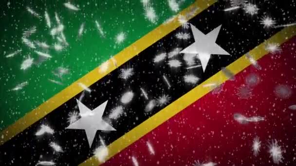 Saint Kitts and Nevis flag falling snow loopable, New Year and Christmas background, loop — Stockvideo
