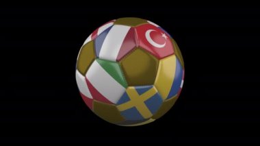 Şeffaf arka planda dönen futbol topuna 20 Avro Bayrağı, alfa döngüsü