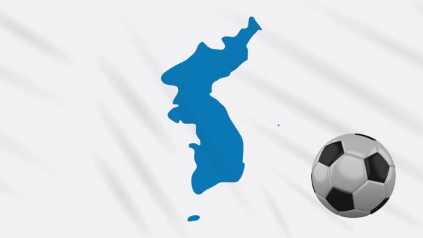 韩国统一国旗和足球在挥动的布圈的背景下旋转 — 图库视频影像