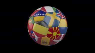 Europe flags on soccer ball rotating on transparent, 4k footage with alpha, loop