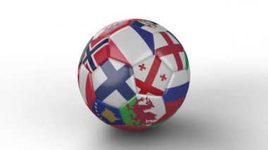 Soccer ball with flags of European countries rotates on white surface, loop 2