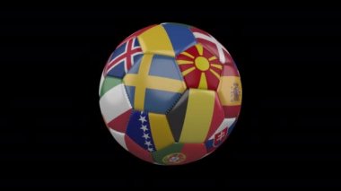 Avrupa futbol topunun şeffaf, alfa, döngü 2 ile 4k görüntülerinde dönmesine bayrak dikti