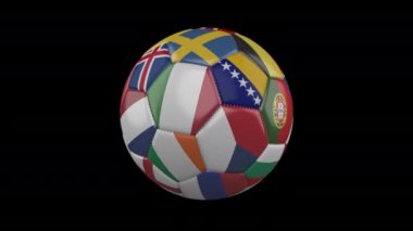 Avrupa futbol topunun şeffaf, alfa, döngü 3 ile 4k görüntülerinde dönmesine bayrak dikti