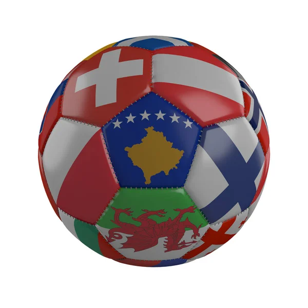 Beyaz Zemin Üzerinde Avrupa Devletlerinin Bayrakları Olan Bir Futbol Topunun — Stok fotoğraf