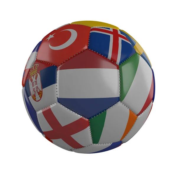 Beyaz Arka Planda Avrupa Devletlerinin Bayrakları Olan Bir Futbol Topunun — Stok fotoğraf