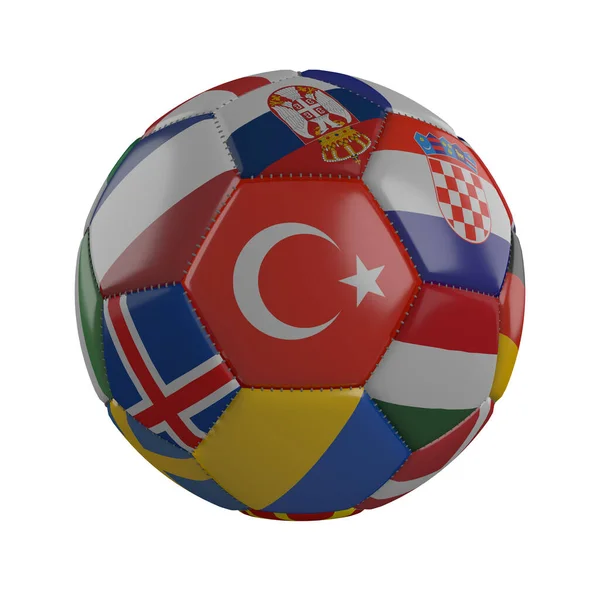 Beyaz Zemin Üzerinde Avrupa Devletlerinin Bayrakları Olan Bir Futbol Topunda — Stok fotoğraf