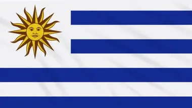 Sallanan Uruguay bayrağı, yeşil bir mühür ile Coronavirus 'tan kurtulmak için, döngü