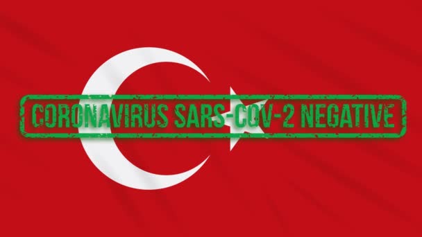 Turchia bandiera ondeggiante con timbro verde di libertà dal coronavirus, anello — Video Stock