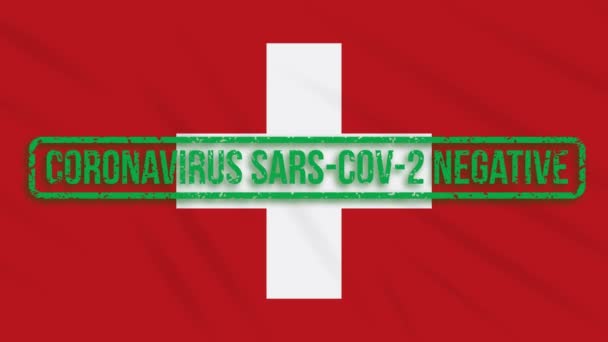 Bandera batiente suiza con sello verde de libertad del coronavirus, bucle — Vídeo de stock