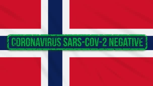 코로나 바이러스 에서 자유롭게 된 녹색 우표가 달린 노르웨이 의 흔들 거리는 깃발 — 비디오