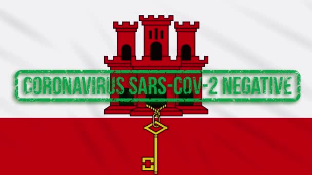 Gibraltar kołysząca się flaga z zielonym znaczkiem wolności od koronawirusu, pętla — Wideo stockowe