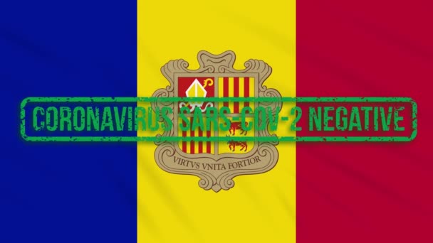 Bandeira de Andorra balançando com um selo verde de liberdade de coronavírus, loop — Vídeo de Stock