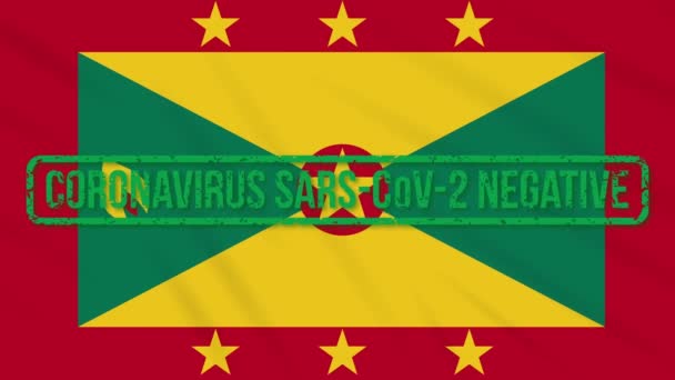 Grenada zwaaiende vlag met groene stempel van de vrijheid van coronavirus, lus — Stockvideo