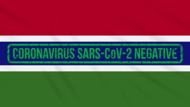Gambia svajande flagga med grön frimärke från coronavirus, loop — Stockvideo