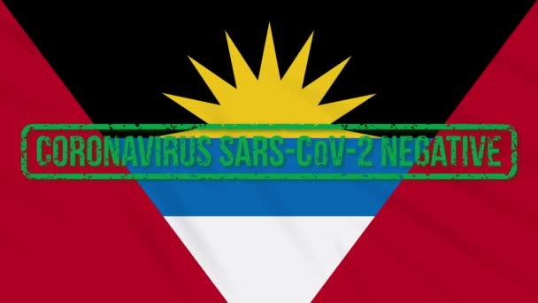 Antigua y Barbuda balanceo bandera con sello verde de la libertad de coronavirus, bucle — Vídeos de Stock