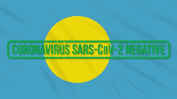 Palau ondeando bandera con sello verde de la libertad de coronavirus, bucle. — Vídeo de stock