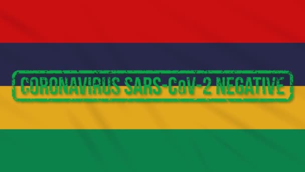 Маврикий, колеблющийся флаг с зеленой печатью свободы от коронавируса, петля — стоковое видео