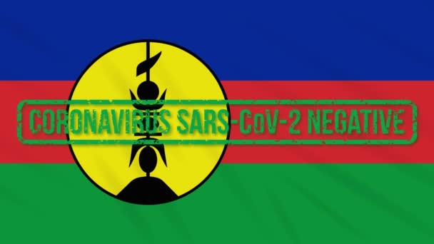Nueva Caledonia balanceo bandera con sello verde de la libertad de coronavirus, bucle — Vídeos de Stock