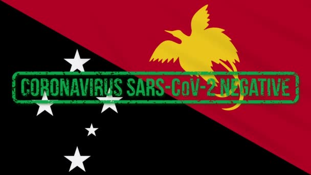 Papoea-Nieuw-Guinea zwaaiende vlag met groene stempel van de vrijheid van coronavirus, lus — Stockvideo