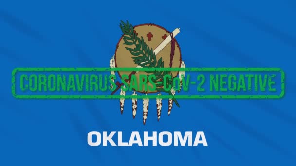 Oklahoma Drapeau oscillant de l'État américain avec timbre vert de la liberté de coronavirus, boucle — Video