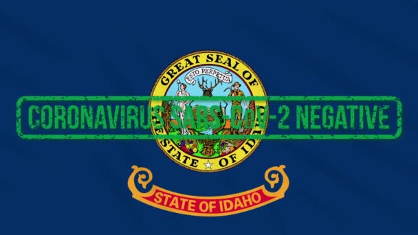 Estado de Idaho EE.UU. balanceo bandera con sello verde de la libertad de coronavirus, bucle — Vídeo de stock