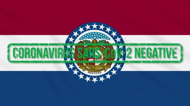 Missouri EUA bandeira balançando estado com selo verde de liberdade de coronavírus, loop — Vídeo de Stock