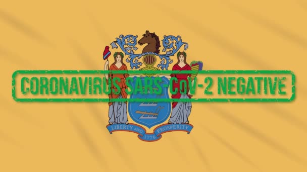 Bandeira balançando estado de Nova Jersey EUA com selo verde de liberdade de coronavírus, loop — Vídeo de Stock