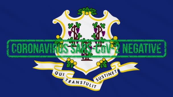 Штат Коннектикут качающийся флаг США с зеленой маркой свободы от коронавируса, петля — стоковое видео