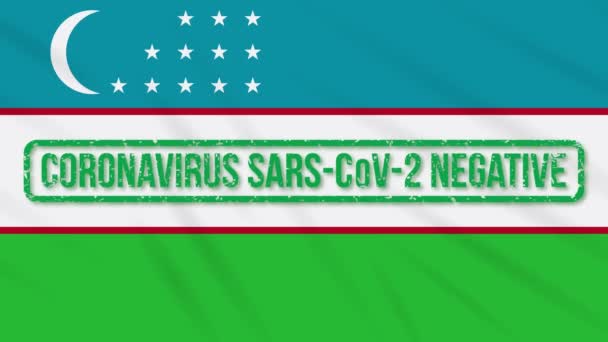 Ουζμπεκιστάν ταλαντεύεται σημαία με πράσινη σφραγίδα της ελευθερίας από coronavirus, βρόχο — Αρχείο Βίντεο