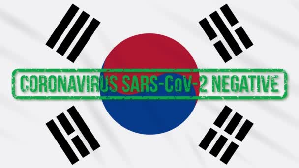 Südkorea schwenkt Flagge mit grünem Stempel der Freiheit vom Coronavirus, Schleife — Stockvideo