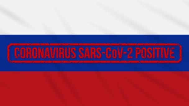 Russia bandiera ondeggiante timbrata con risposta positiva a COVID-19, loop — Video Stock
