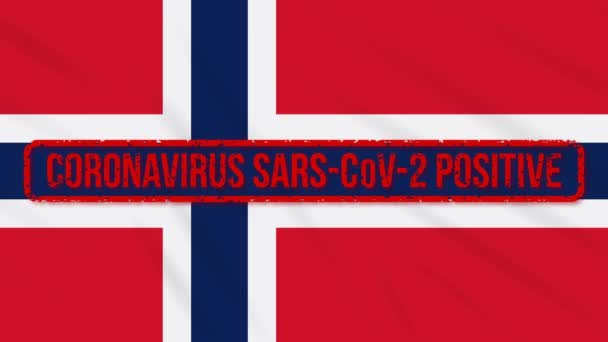 Bandera batiente de Noruega estampada con respuesta positiva a COVID-19, bucle — Vídeos de Stock