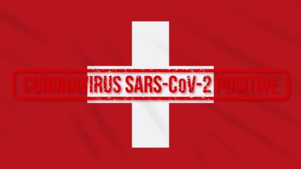 Suiza bandera batiente estampada con respuesta positiva a COVID-19, bucle — Vídeo de stock