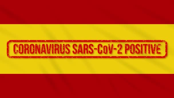 Bandera balanceante de España estampada con respuesta positiva a COVID-19, bucle — Vídeo de stock