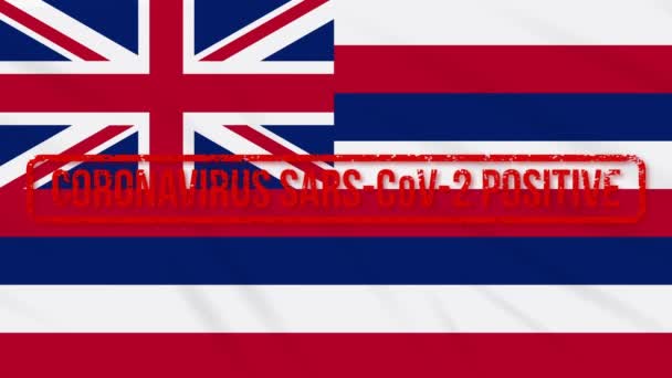 Estado de Hawái EE.UU. balanceo bandera estampada con respuesta positiva a COVID-19, bucle — Vídeos de Stock