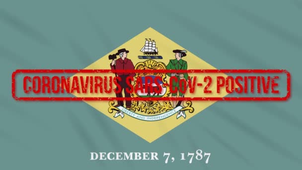 Delaware állam lengő zászló bélyegzett pozitív választ COVID-19, hurok — Stock videók