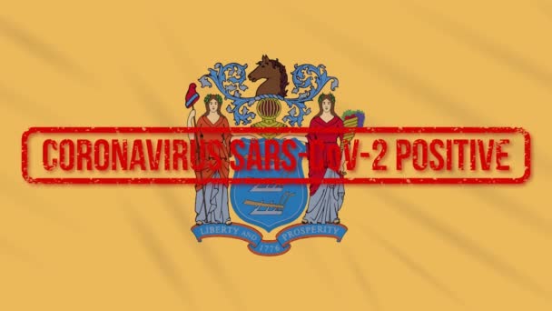 Drapeau oscillant de l'État du New Jersey estampillé d'une réponse positive tCOVID-19, boucle — Video